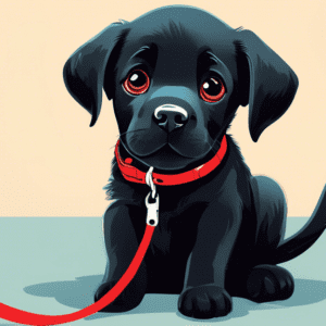 A black labrador puppy with pleading eyes, whining and looking up at its owner who holds a red leash.