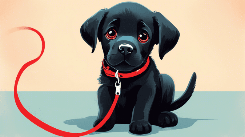 A black labrador puppy with pleading eyes, whining and looking up at its owner who holds a red leash.