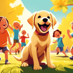 A happy labrador retriever puppy with its tail wagging, surrounded by playful children in a sunny park.