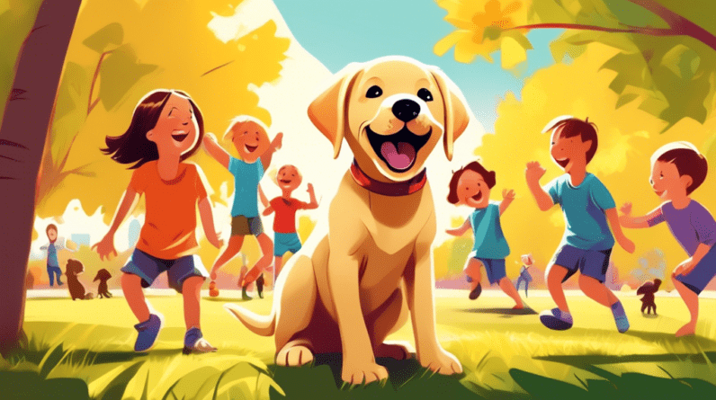 A happy labrador retriever puppy with its tail wagging, surrounded by playful children in a sunny park.