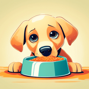 A cute labrador puppy looking longingly at an empty food bowl.