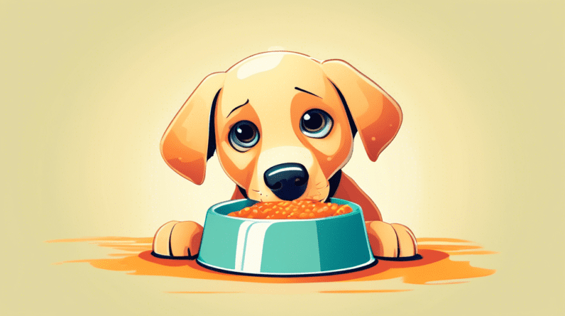 A cute labrador puppy looking longingly at an empty food bowl.