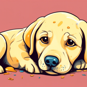 A sick yellow labrador puppy looking up sadly with vomit on the floor next to it.