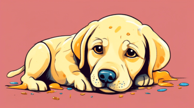 A sick yellow labrador puppy looking up sadly with vomit on the floor next to it.