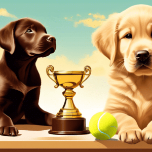 A chocolate lab puppy with its paw on a golden retriever trophy, surrounded by tennis balls, with a sunny sky in the background.