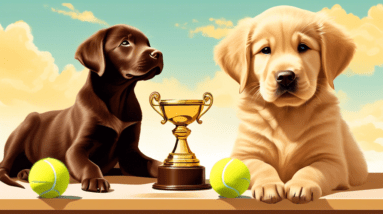 A chocolate lab puppy with its paw on a golden retriever trophy, surrounded by tennis balls, with a sunny sky in the background.