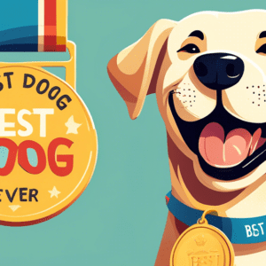 A happy labrador retriever dog smiling with a medal that says Best Dog Ever