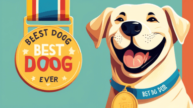 A happy labrador retriever dog smiling with a medal that says Best Dog Ever