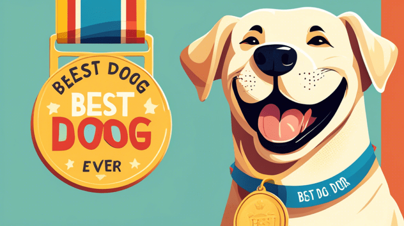 A happy labrador retriever dog smiling with a medal that says Best Dog Ever