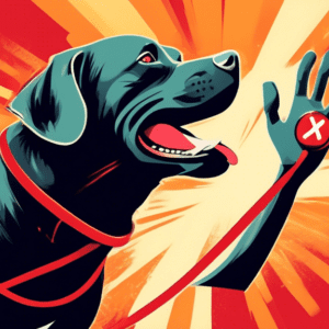 A frustrated labrador retriever on a leash baring its teeth with a red X over an image of a raised hand.