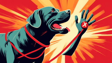 A frustrated labrador retriever on a leash baring its teeth with a red X over an image of a raised hand.