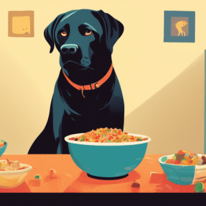 A labrador retriever staring intently at a bowl overflowing with food.