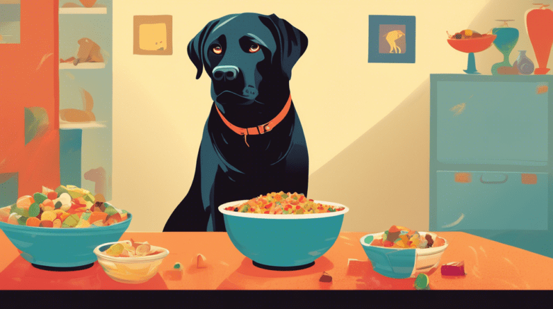 A labrador retriever staring intently at a bowl overflowing with food.