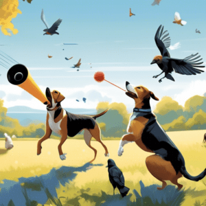 Create an image of a dog training session in a scenic outdoor setting with a clear blue sky. The image showcases a wireless bird launcher being operated remotely, releasing a bird for the dog to fetch