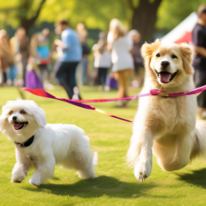 Create an image of a vibrant community club event taking place in a park, named Brotherhood of Dog Lovers. Showcase a variety of dogs engaging in different training activities and tricks, with their c