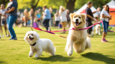 Create an image of a vibrant community club event taking place in a park, named Brotherhood of Dog Lovers. Showcase a variety of dogs engaging in different training activities and tricks, with their c